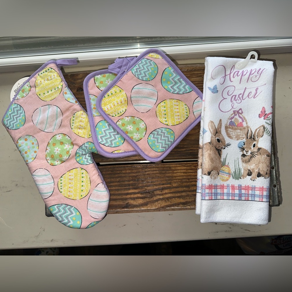 Easter Egg Oven Mitt, 2 Pot Holder Set, and Bunny Towel ~ New